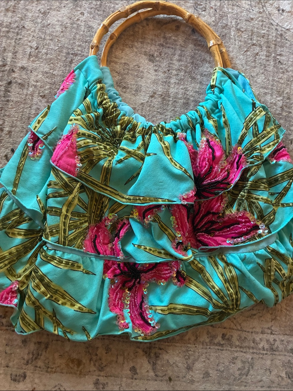 Mystique Vintage Y2K Teal Floral Ruffled Bamboo-Handle Tank Top Vacation Boho